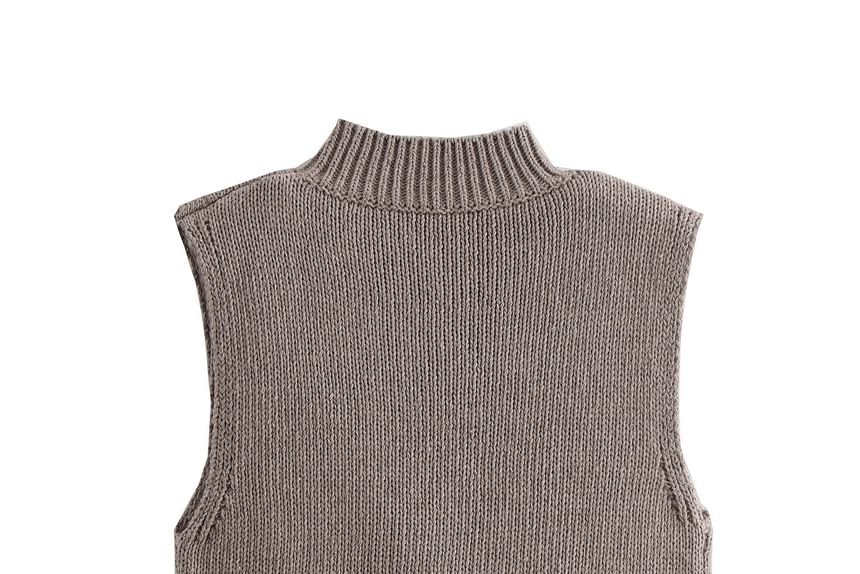 Overing - Mock Neck Plain Asymmetrische Crop Sweater Vest met Franjes