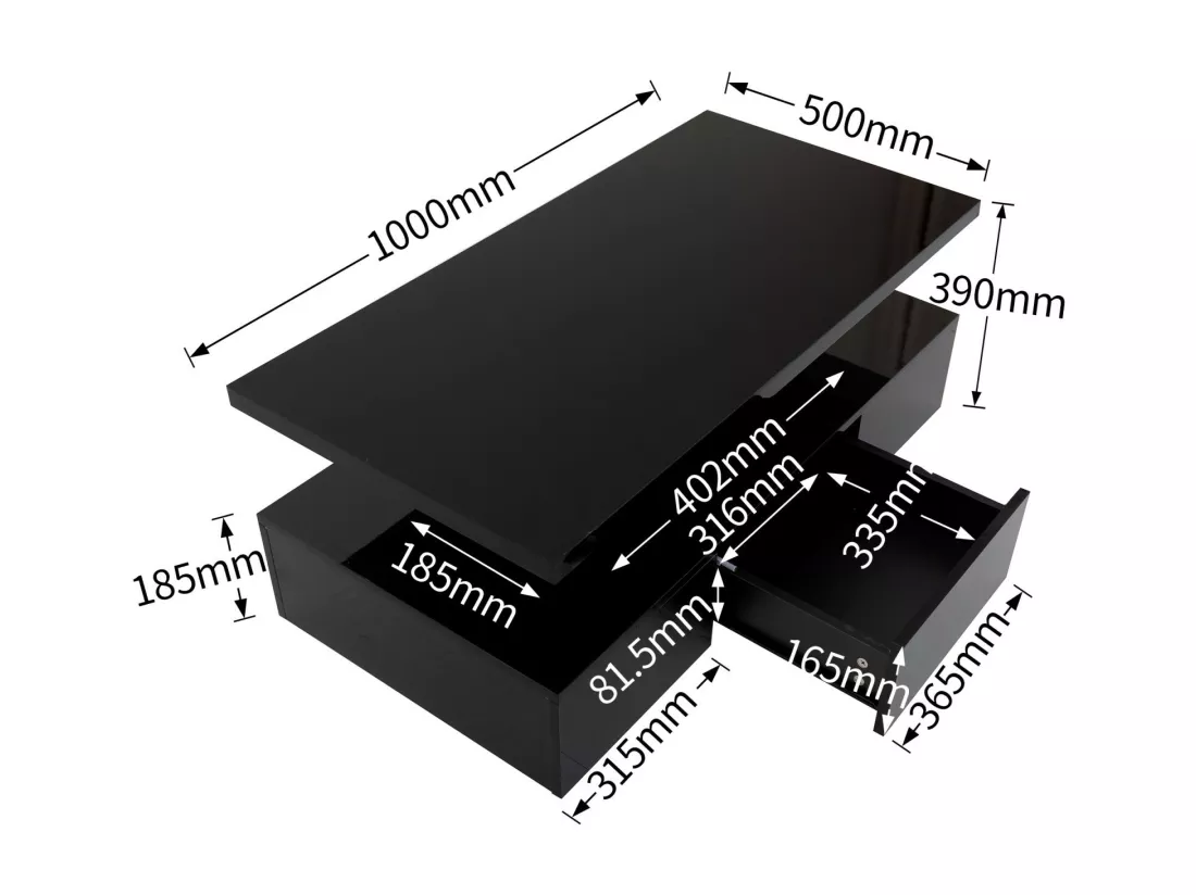 Table basse rectangulaire avec 1 tiroir et LED, 2 niveaux de stockage, 100x50x39cm, Noir