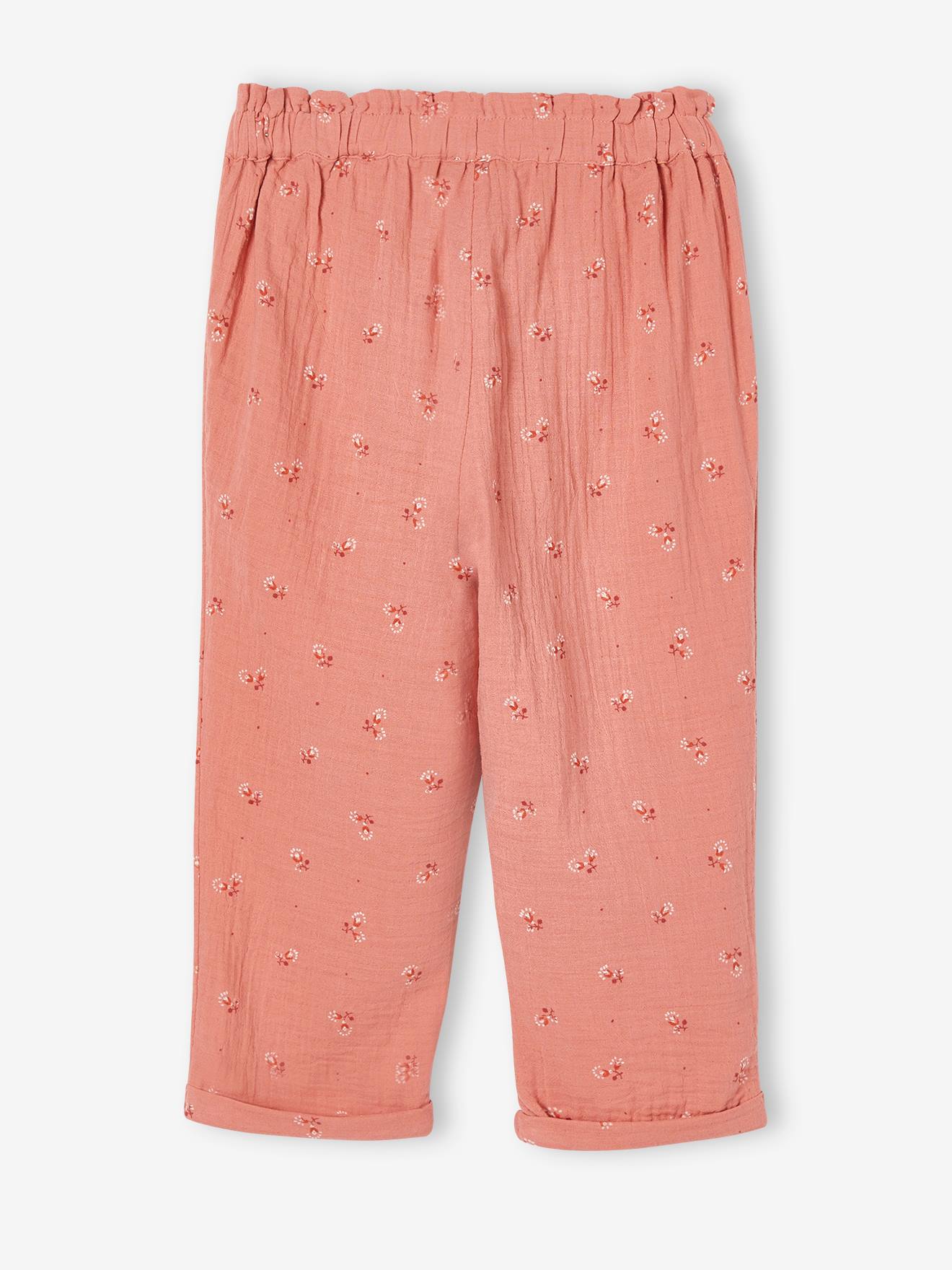 Calça cropped rosa de chiffon de algodão com estampa floral para meninas