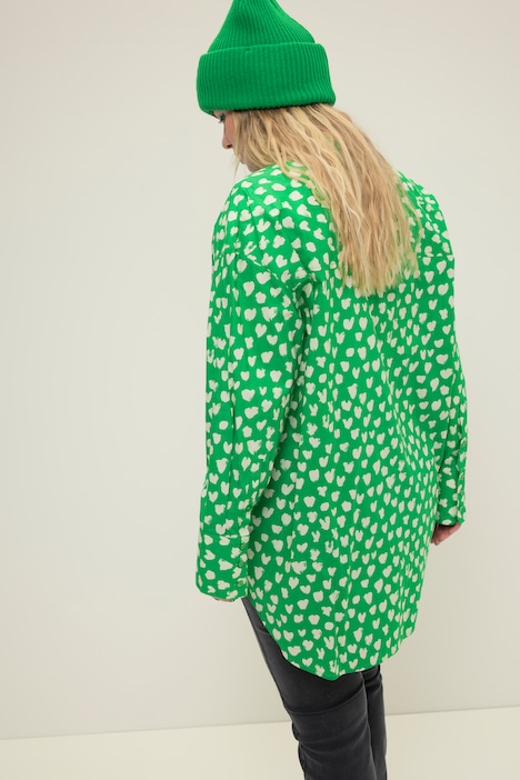 Hemdbluse, oversized, Heart-Print, Knopfleiste, Hemdkragen