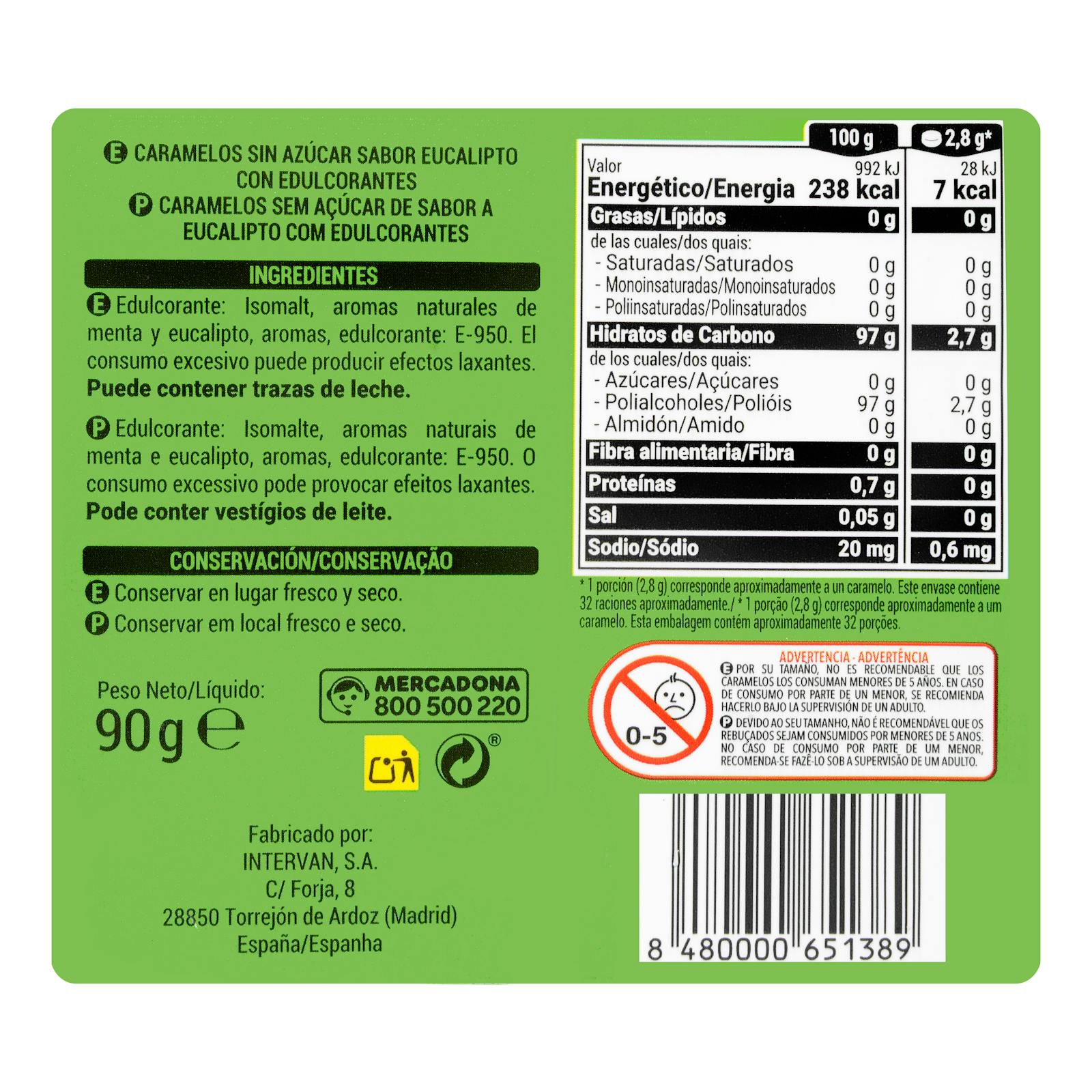 Bonbons Hacendado à l'eucalyptus et au menthol 0% de sucre