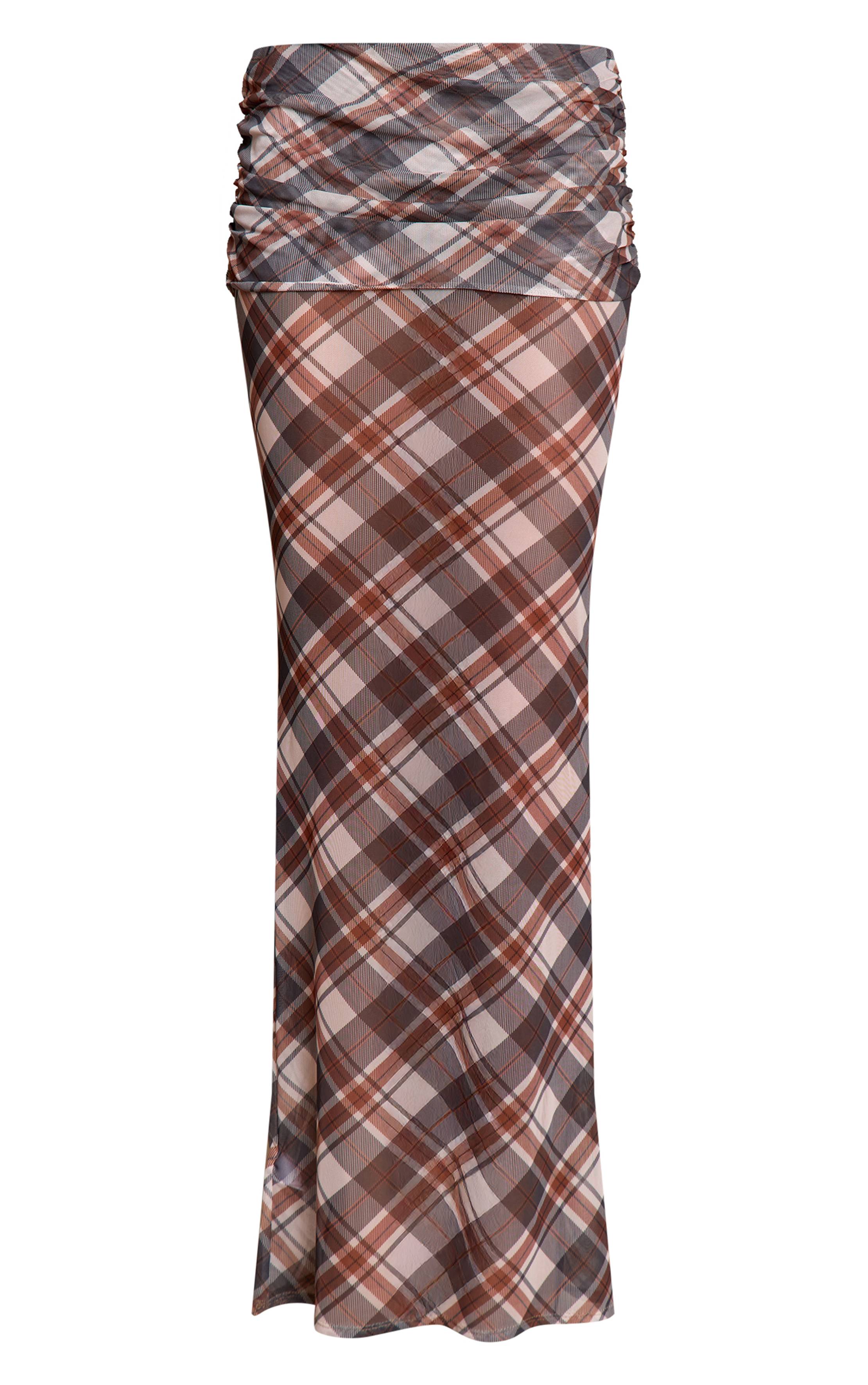Marron Jupe Longue En Mesh Superposé À Imprimé Carreaux
