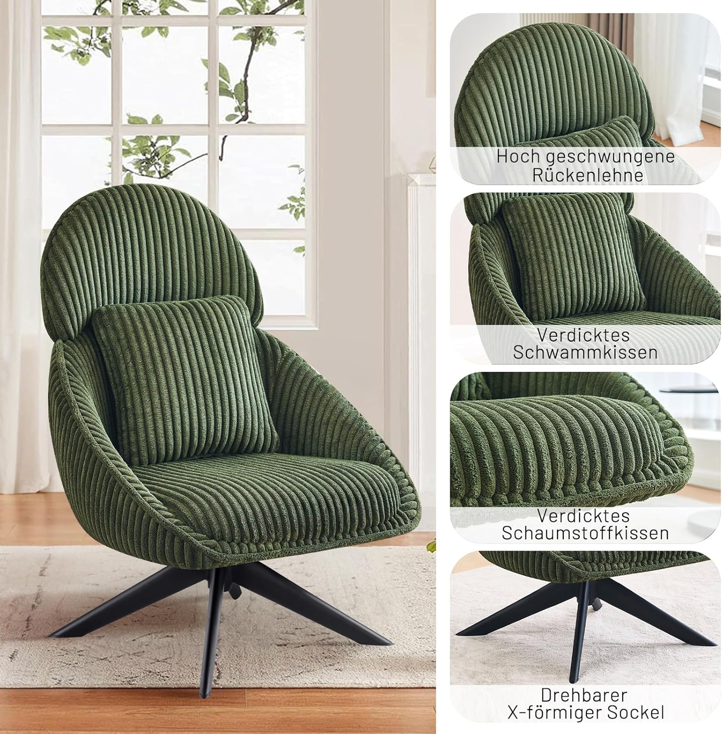 Loungesessel Sessel Wohnzimmer 360°Drehbar, Ohrensessel Armlehnstuhl Polsterstuhl mit dickem Abnehmbares Wurfkissen, Relaxsessel Lesesessel für Wohnzimmer Schlafzimmer Büro, Grün