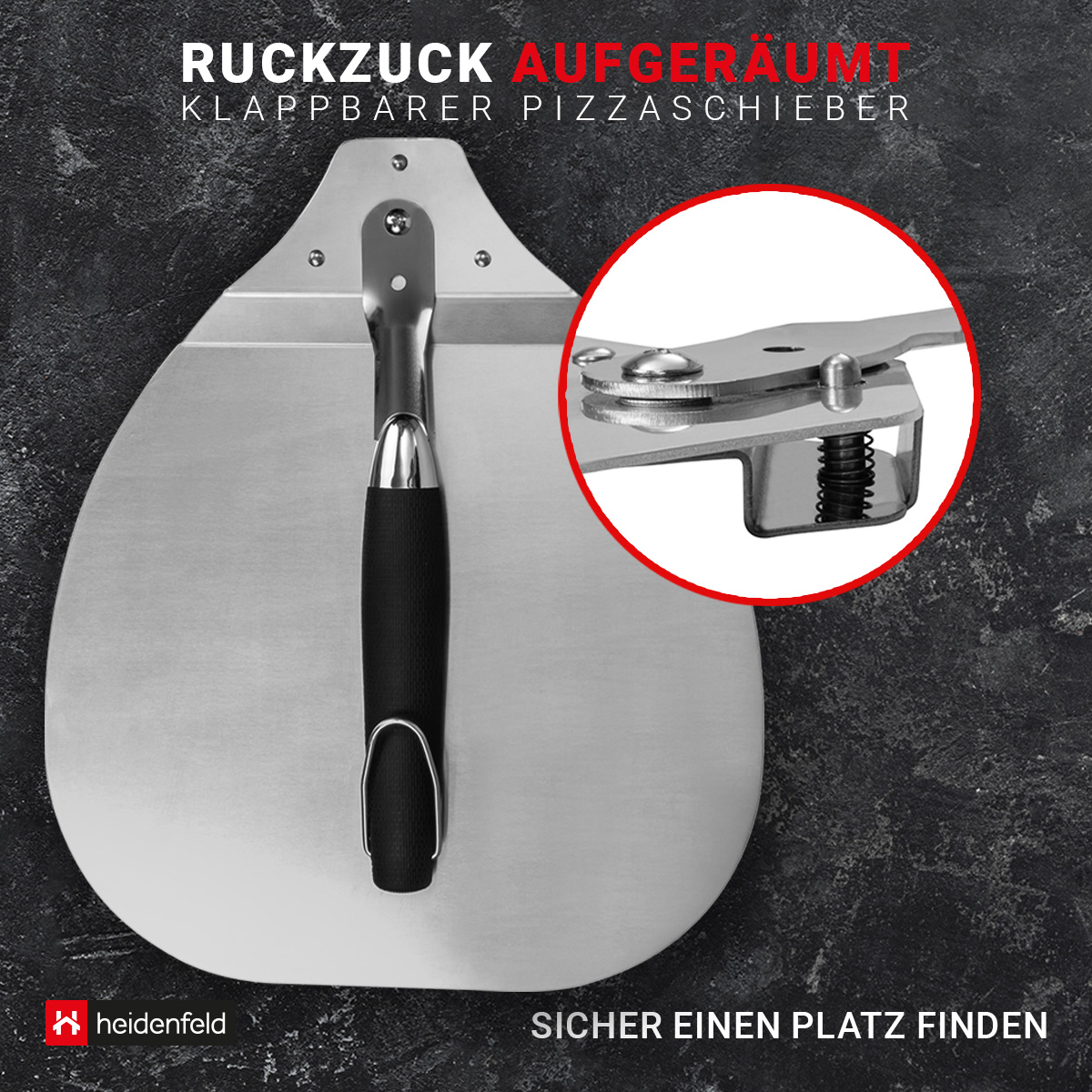 Heidenfeld Pizzaschieber Pompeji, klappbar, Aluminium + Gummi, Pizzaschaufel mit TPR-Griff