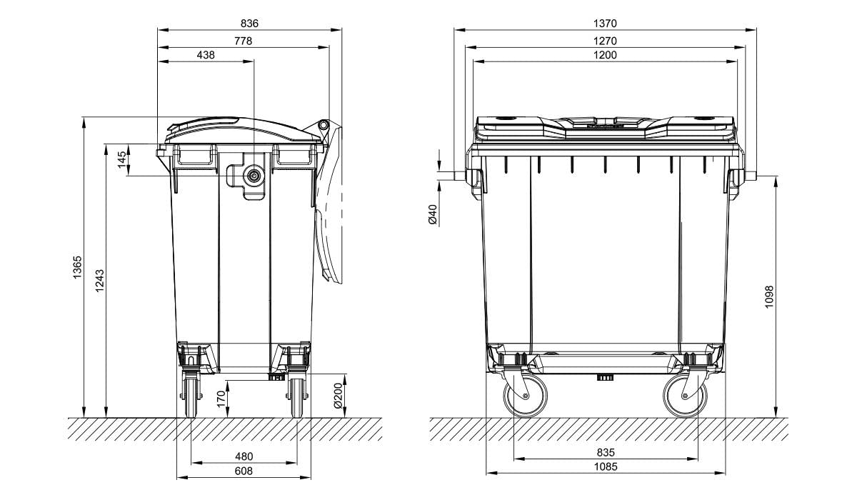 Hardwex Müllcontainer mit 4 Rädern mit Flachdeckel, Müllgroßbehälter, Abfalltonne, Mülltonne, Volumen: 770 Liter, Farbe: Grau/Gelb, Größe: 1 365 x 1 370 x 778 mm
