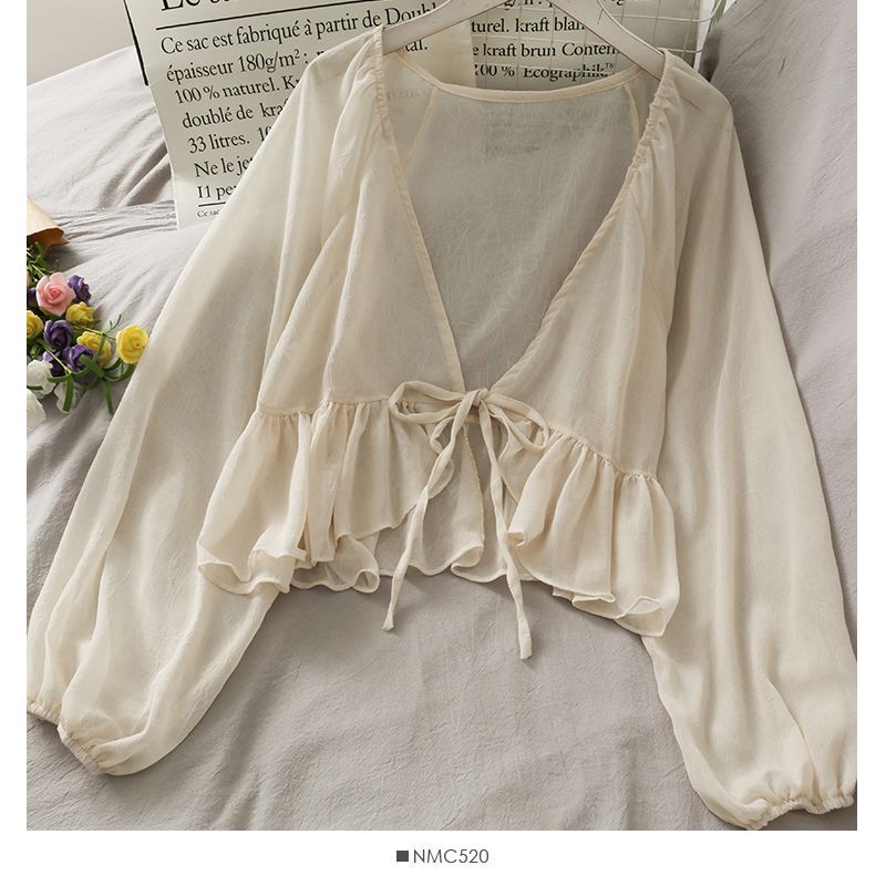 Lemongrass - Chiffon vest met strikceintuur en ballonmouwen