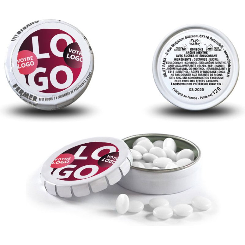 Bonbons Clic Clac publicitaire goût menthe - Boîte de 12 g - environ 60 pièces - marquage multicolore
