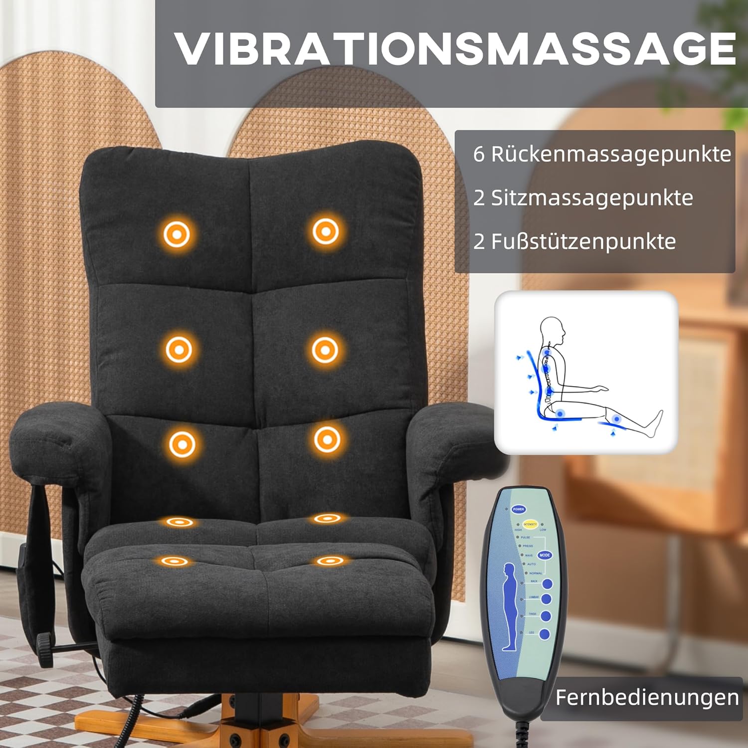 HOMCOM Relaxsessel mit Hocker, 360°drehbarer Fernsehsessel mit Massage, Liegefunktion, Massagesessel mit Seitentasche, TV-Sessel, Polyester für Wohnzimmer Schwarz
