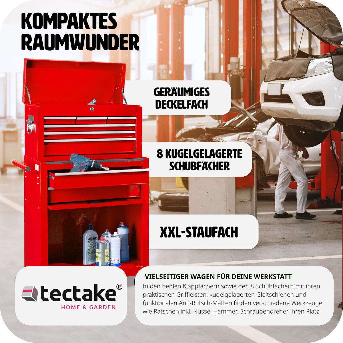 tectake gereedschapswagen met 8 kogelgelagerde laden met antislipmatten en wielen met een diameter van 100 mm.