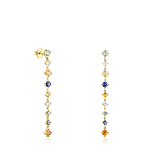 Brincos longos e deslumbrantes com banho de ouro 18k sobre prata e safiras multicoloridas.