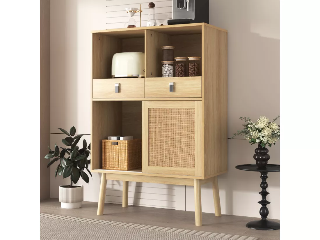 Buffet de cuisine avec 2 tiroirs et 2 portes coulissantes en rotin - 80 x 39,5 x 120 cm - Panneau de particules - Coloris bois