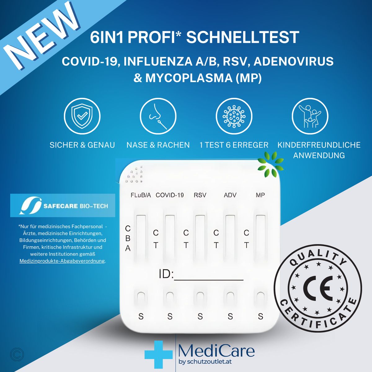 Safecare 6in1 Profitest Corona COVID-19, Grippe A/B, RSV, Adenovirus, Mycoplasma+Gratis Nanovio FFP2