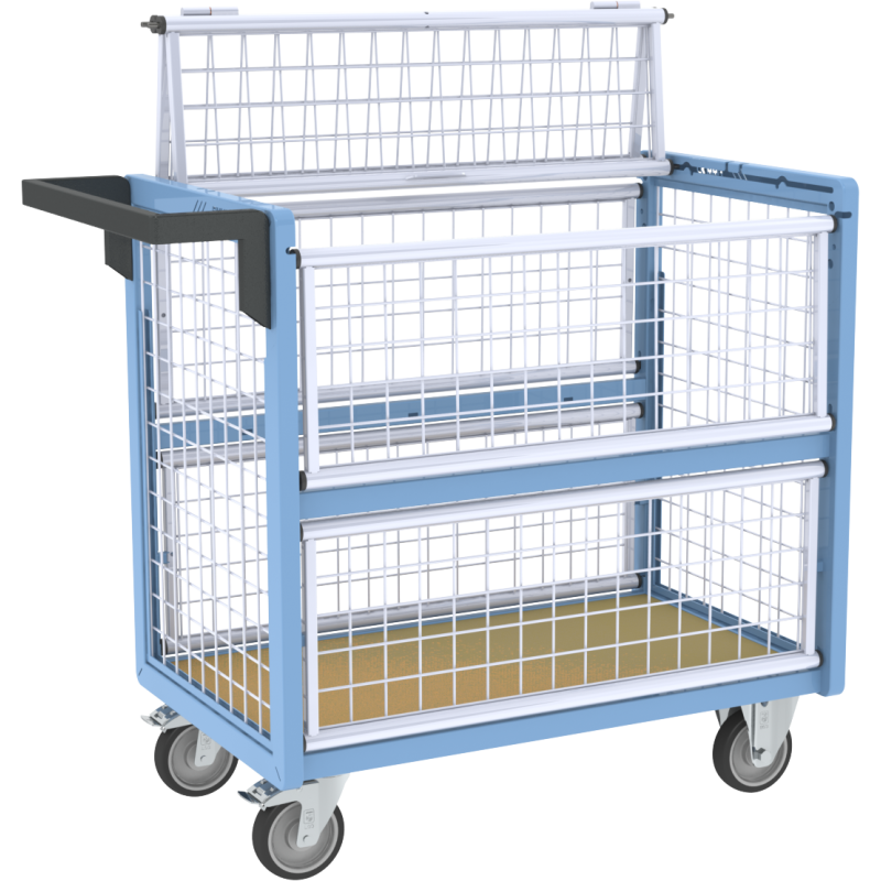 Chariot conteneur grillagé avec toit, 850 x 500 mm, 250 kg