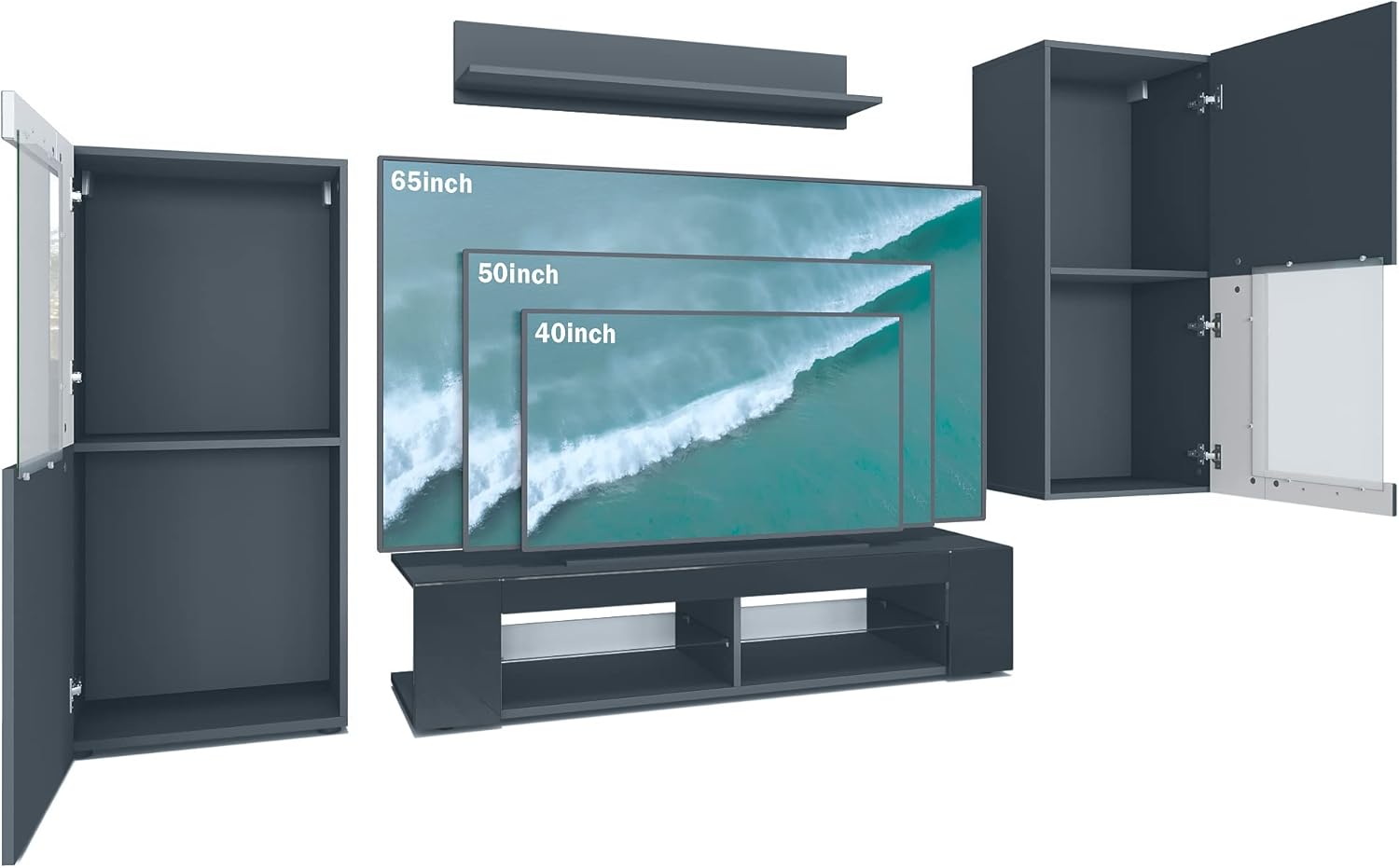 Vladon Wohnwand Movie, Anbauwand bestehend aus 1 TV-Board, 2 Vitrinen und 1 Regal, Schwarz matt/Schwarz matt/Avola-Anthrazit (Gesamt: 300 x 190 x 39 cm)