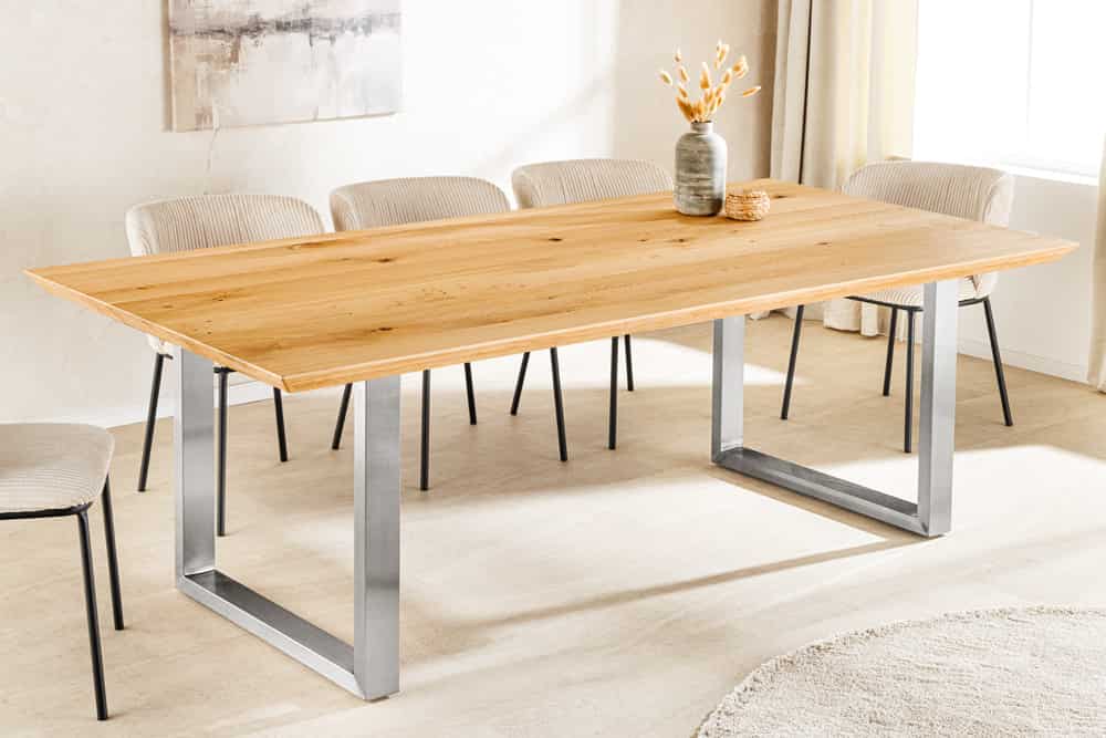 Massivholz Esstisch WILD OAK 160cm natur Wildeiche Schweizer Kante Edelstahl U-Gestell