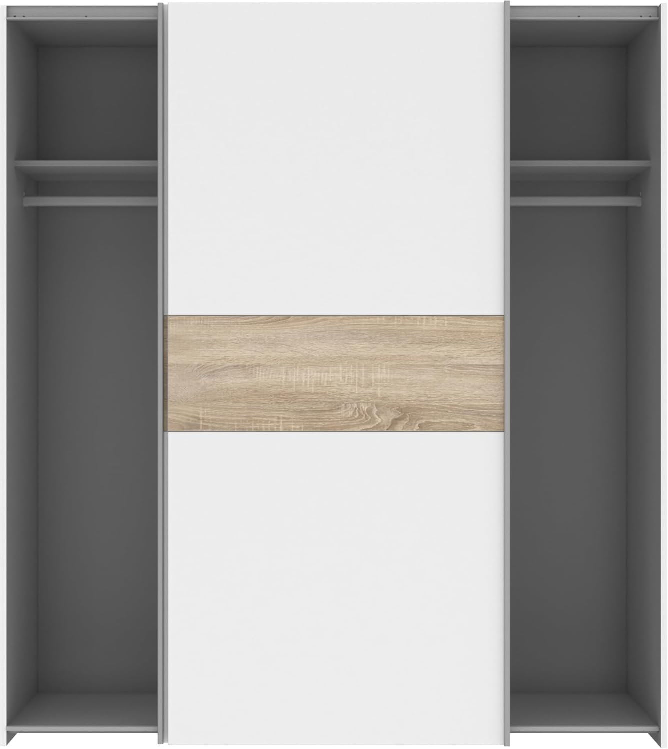 Forte LONGLINE Schrank 170, Schwebetürenschrank modern, 2-türig, weißer Kleiderschrank, Holzwerkstoff, Weiß / Sonoma Eiche Holzdekor, 170 cm breit x 190,5 cm hoch x 61 cm tief