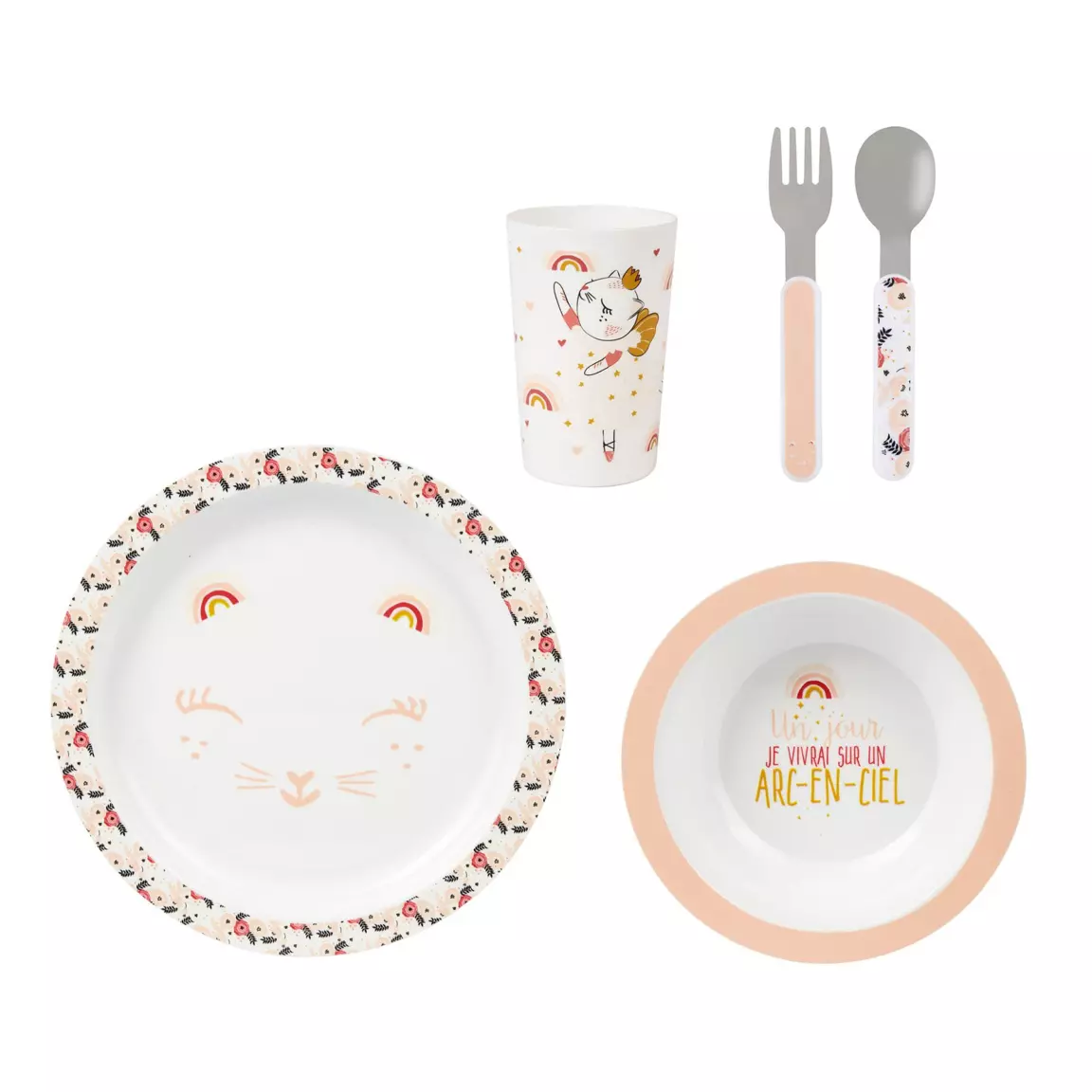 Coffret repas bébé 5 pièces Chat Rose