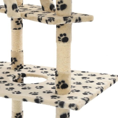 Arranhador bege para gatos com pegadas de patas.