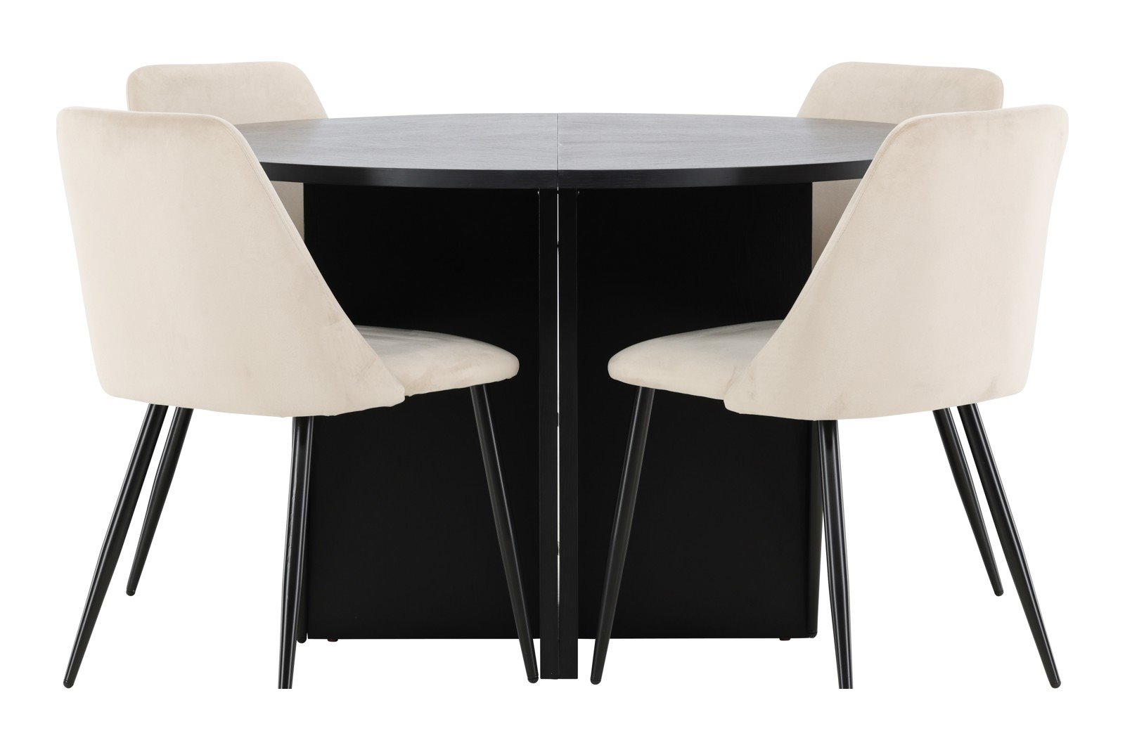 Strada og Night Spisegruppe Strada rundt spisebord ø120cm i sort med 4 stk. Night spisestoler i Beige og sorte ben