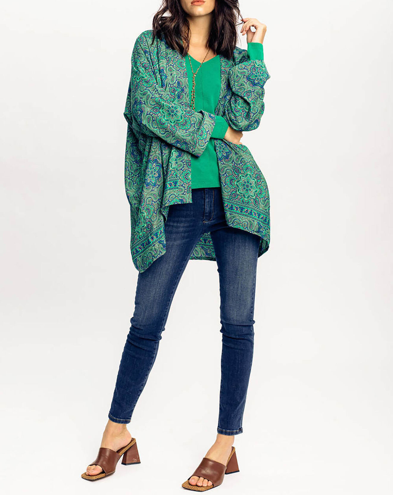 Lauren Vidal Kimono en Soie mélangée Sasha imprimé vert/bleu