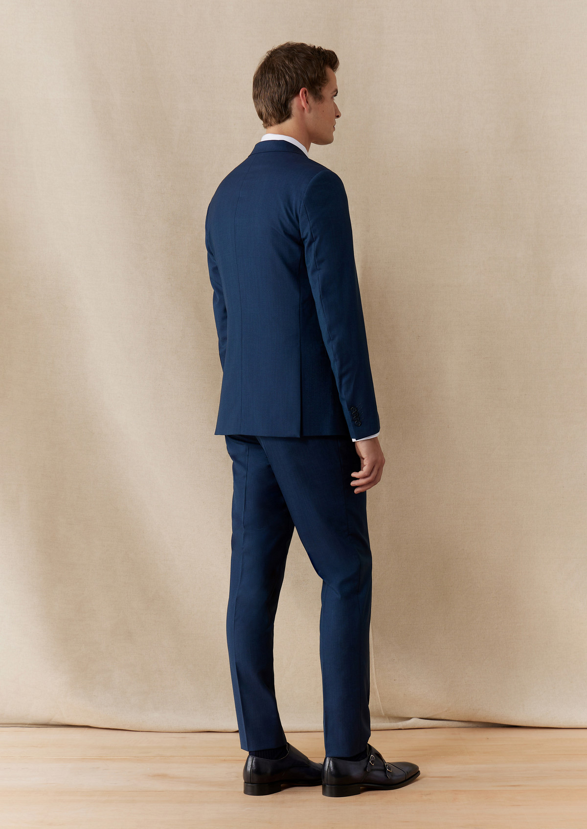 Costume 2 pièces Slim en laine et soie unies bleu prusse