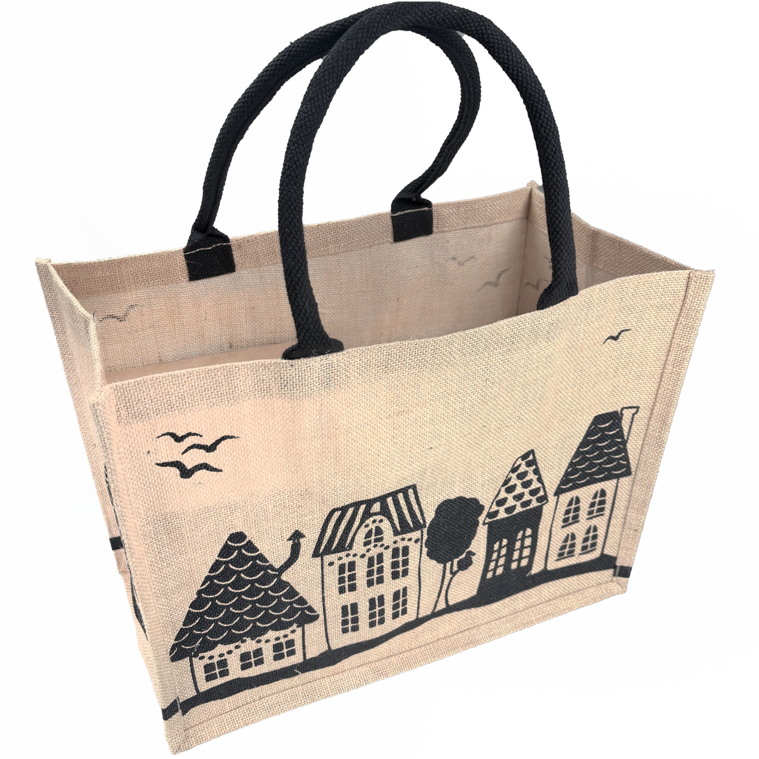 Shopper, Kerstmis, Jute, Huisjes, 43x 20x34cm, naturel/zwart