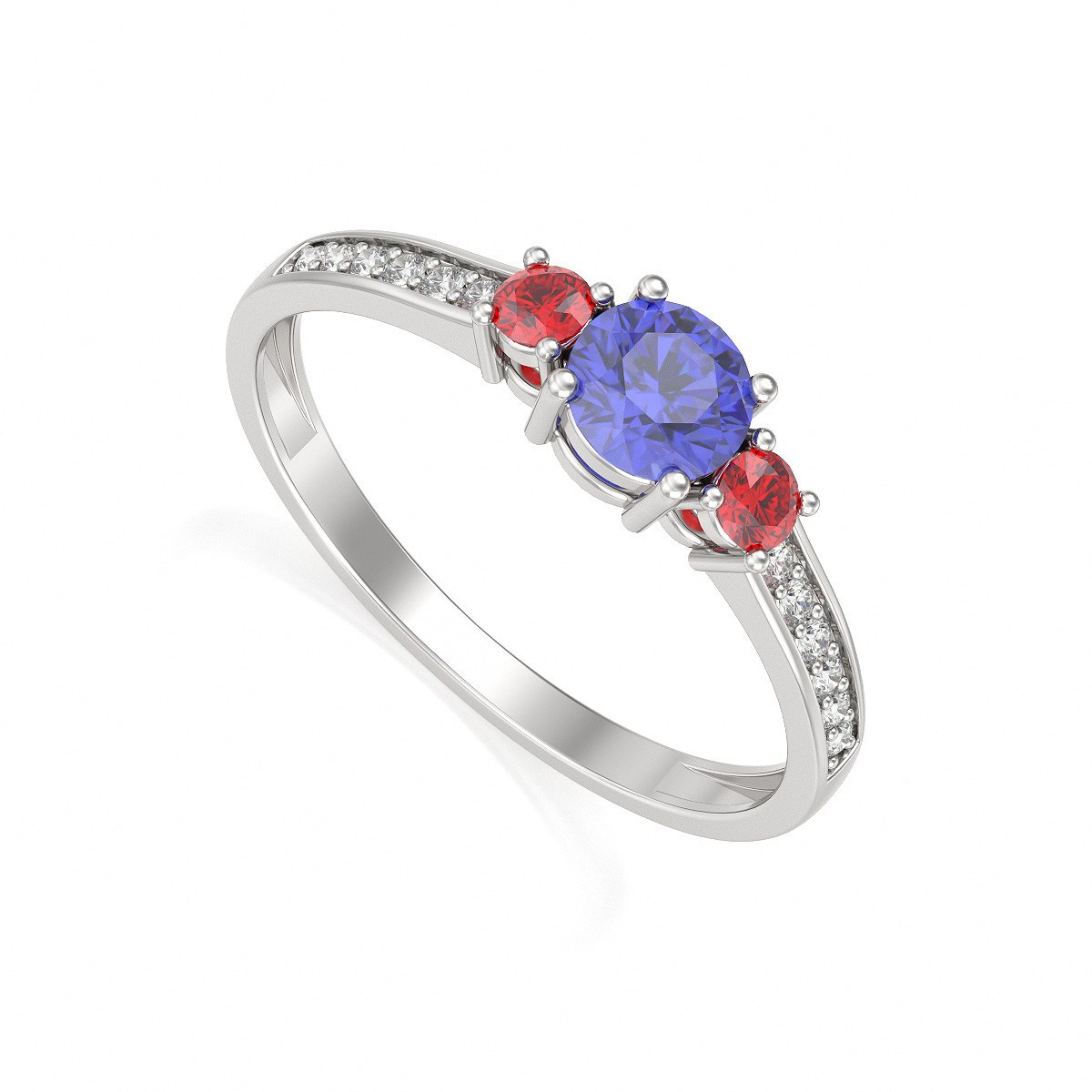 Bague ADEN Or 585 Blanc Tanzanite Rubis et diamants 1.65grs