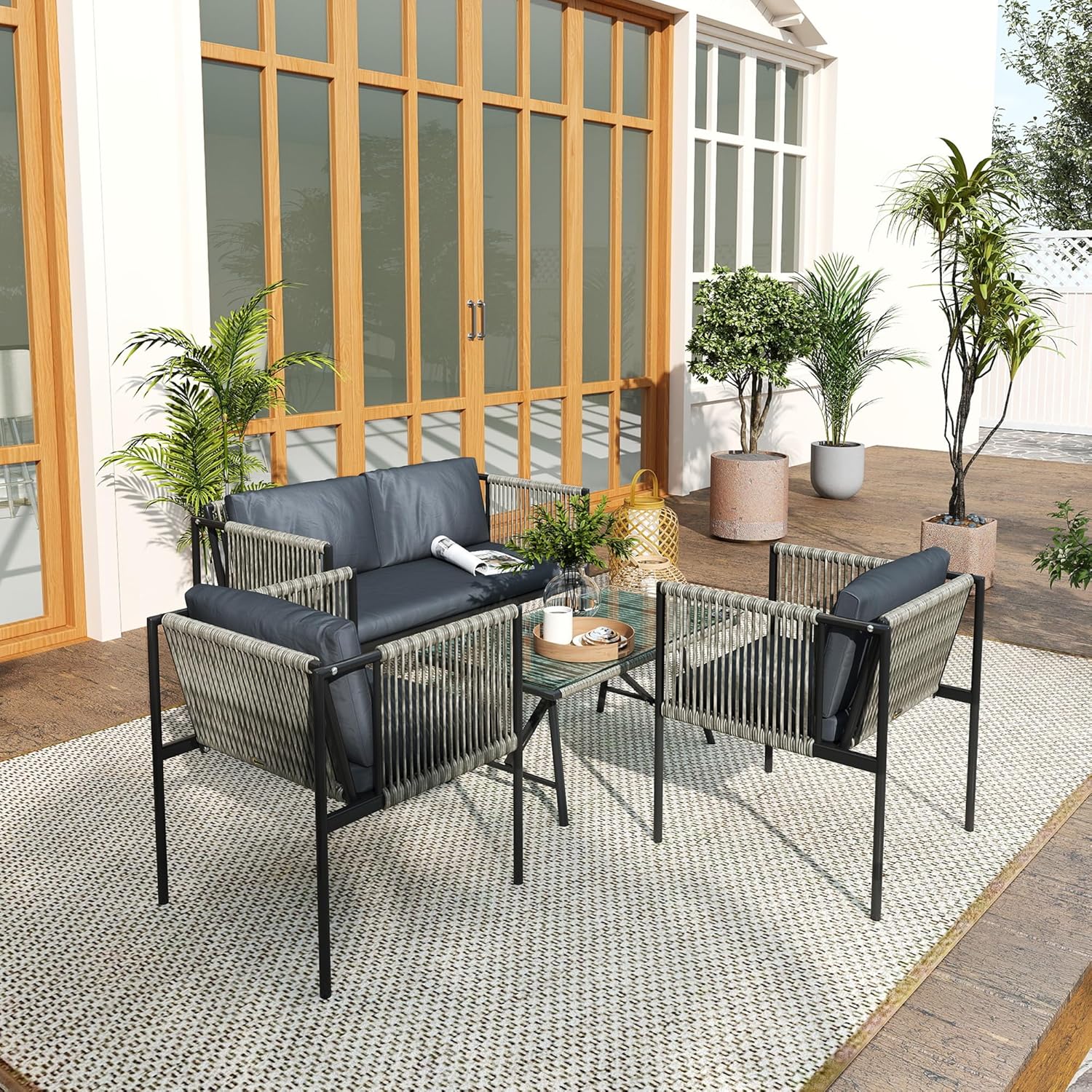 Outsunny Gartenmöbel Set aus Polyrattan Lounge-Set mit 2er Sofa Sessel Glastisch Kissen wetterfest Balkonmöbel für 4 Personen Outdoor Sitzgruppe Terrassenmöbel für Garten Balkon Grau