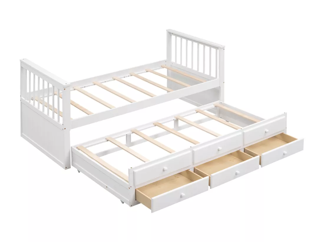 Lit gigogne 90x200cm+90x190cm, lit d'enfant Lit de jour en bois massif et MDF, avec 3 tiroirs, blanc