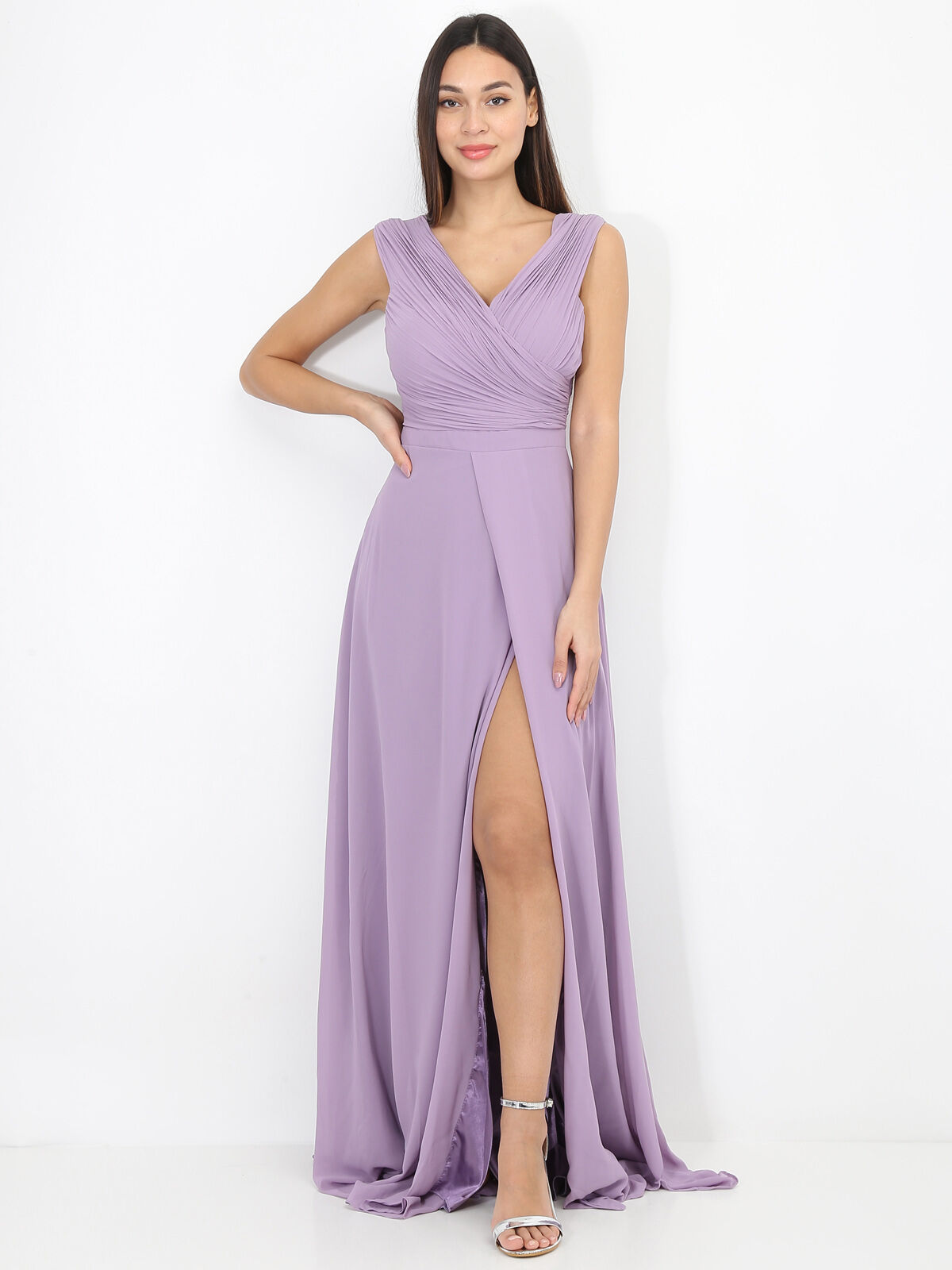 Robe longue drapée avec fente- Violet clair