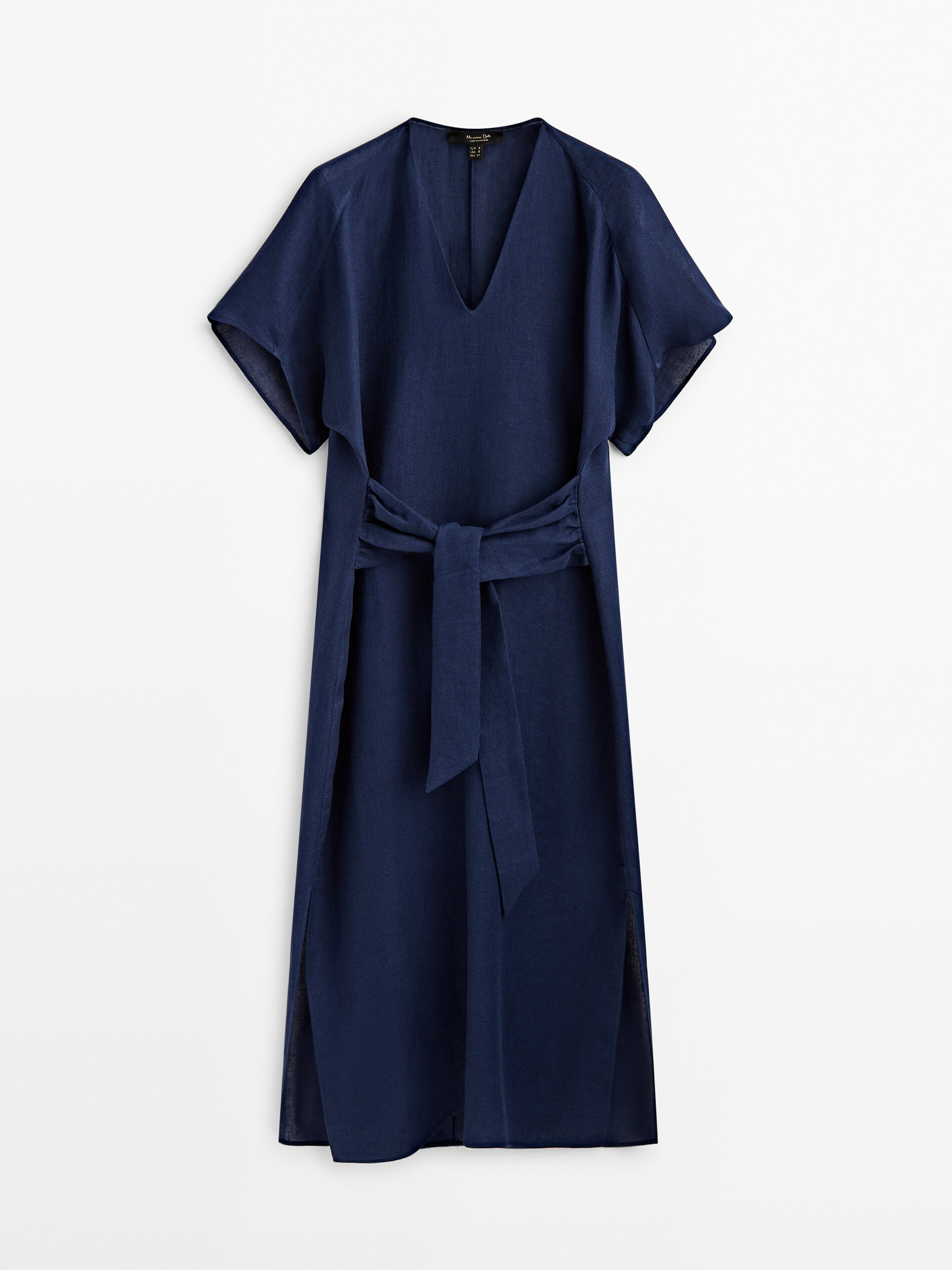 Vestido midi de linho com amarração - AZUL