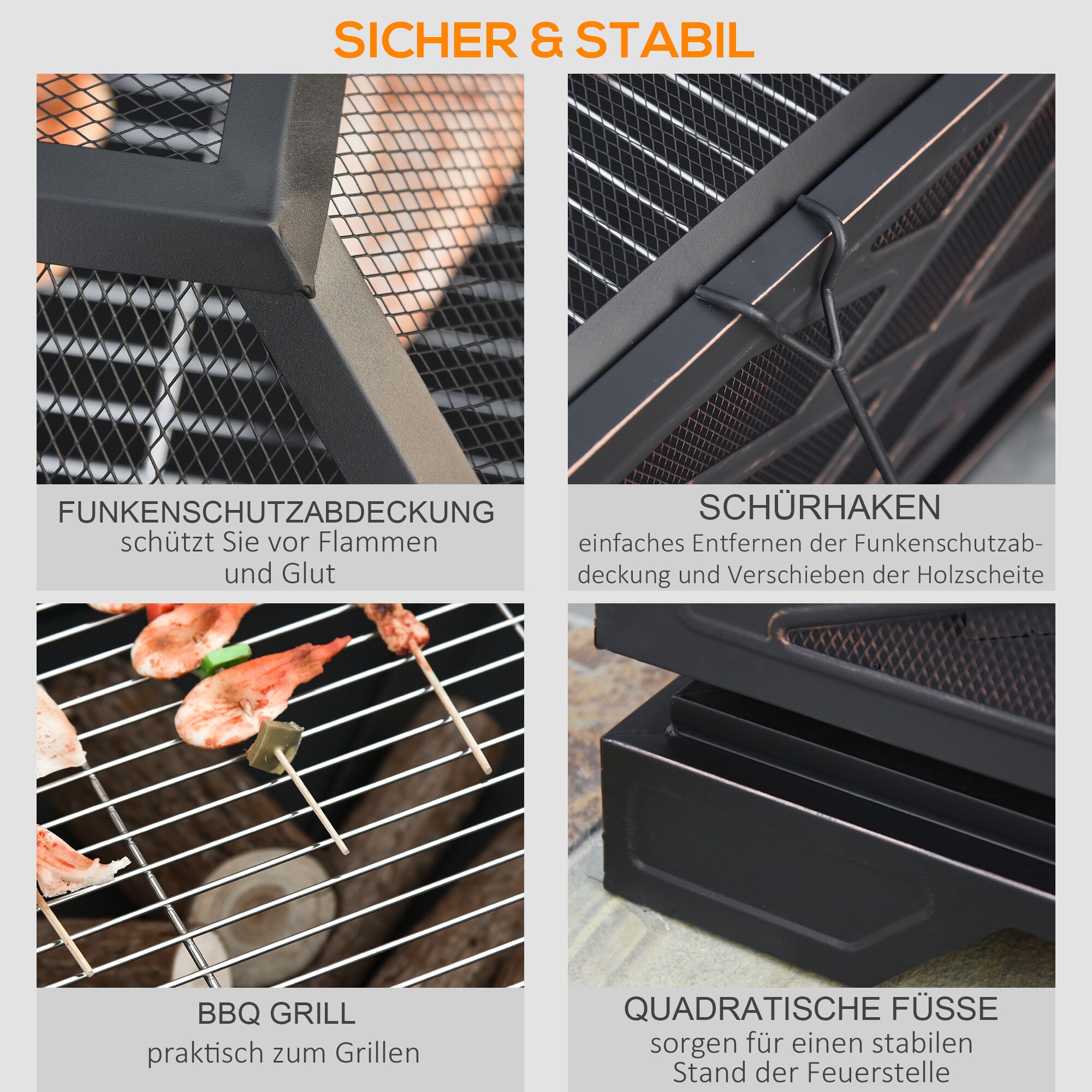 Outsunny Feuerschale mit Funkenschutz schwarz 66L x 66B x 66H cm