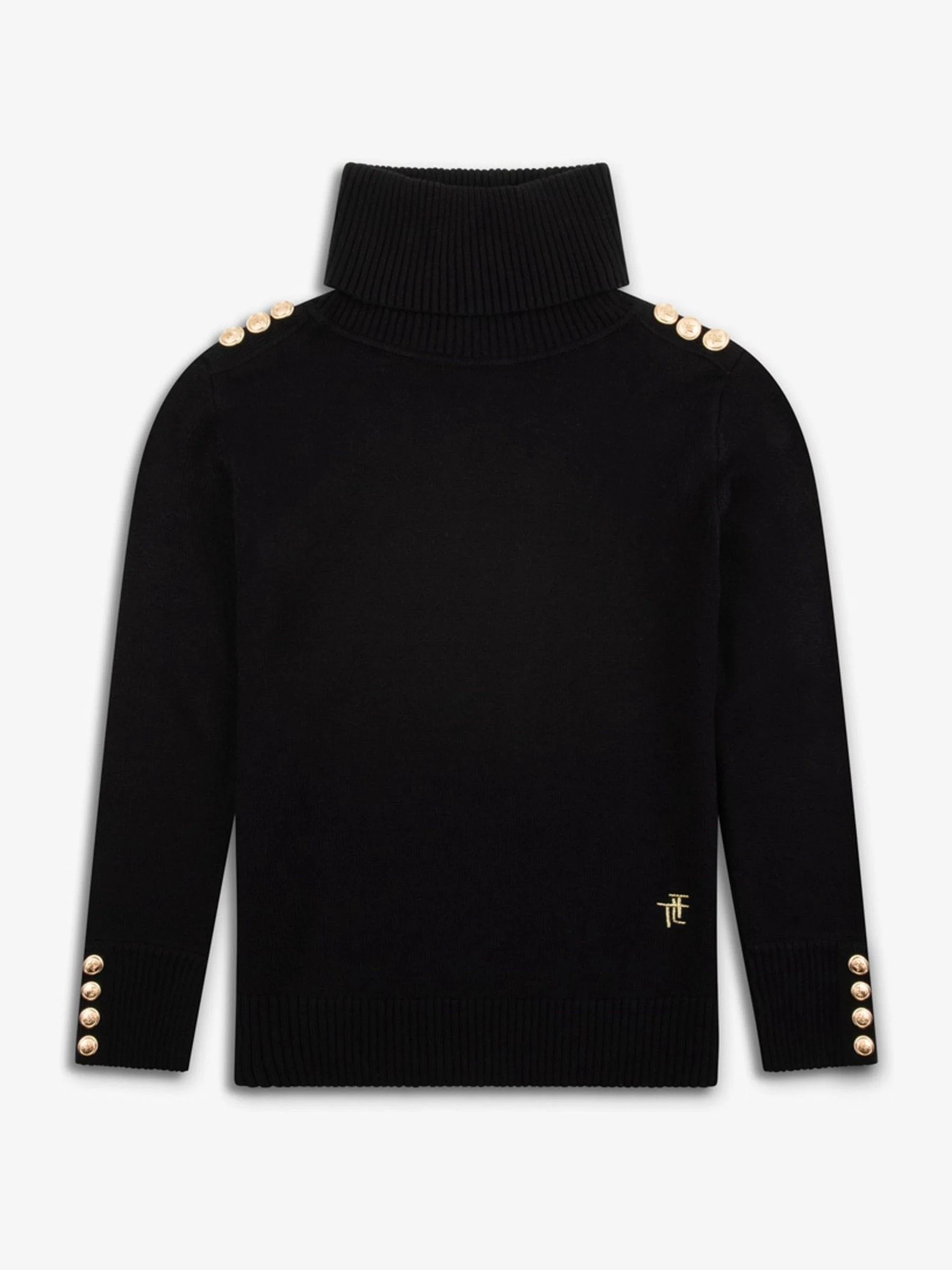 The Little Tailor luxe gebreide zwarte kersttrui voor kinderen met decoratieve knoopdetails