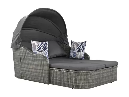 Salon de jardin pour 2 personnes - Canapé lounge en rotin PE avec 4 oreillers et auvent réglable - Gris