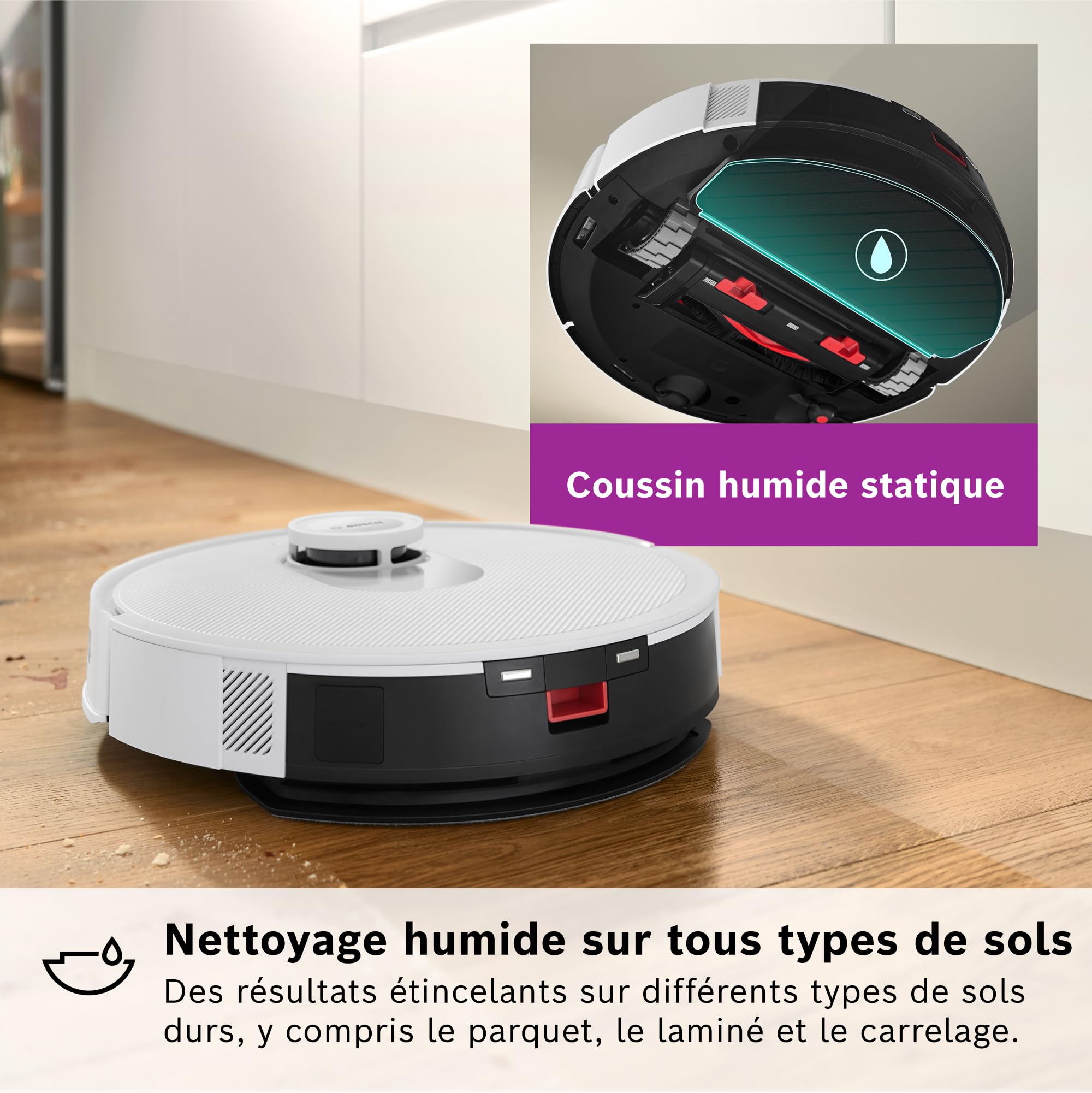 Bosch Spotless + BCRD1W Robot aspirateur-Laveur, 11 000 Pa, serpillère Statique, Station de Service, Navigation Smart Vision Infrarouge, Application H