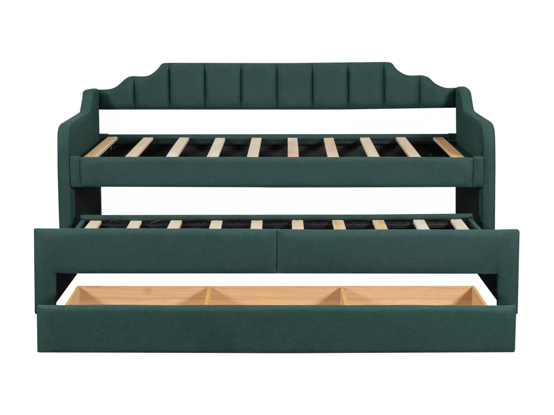 Lit banquette avec tiroirs rembourré en lin - 90x200cm + 90x190cm - Vert Sapin