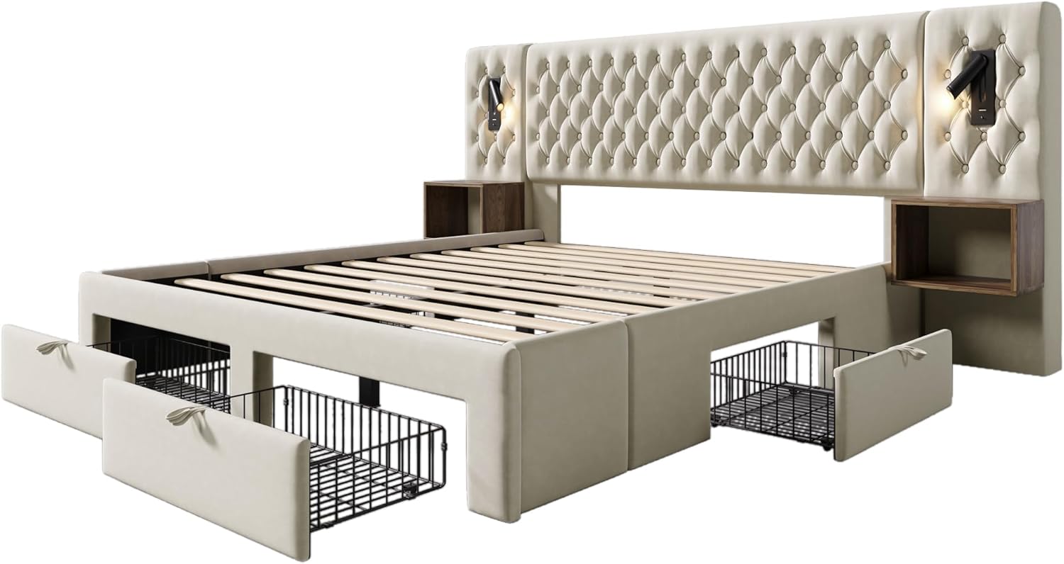 Polsterbett Doppelbett Bettanlage 180x200 cm, Schlafzimmer Komplett Set mit 2x Nachtkommoden und 4 Schubladen, LED Kopfteil Stauraumbett mit Leselicht & USB Ladefunktion, Samt, Ohne Matratze, Beige