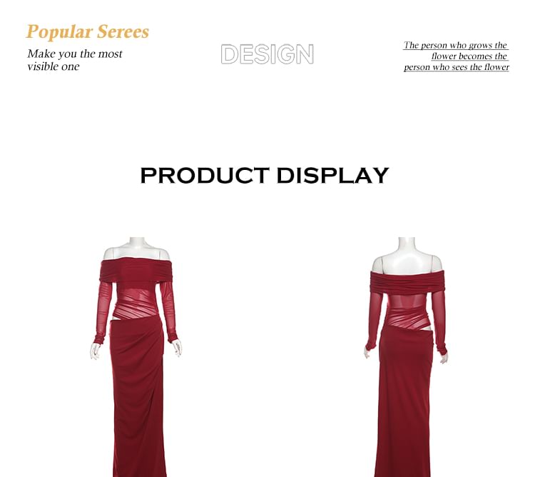 Bababy - Lange mouw off-shoulder maxi-jurk met effen kleur