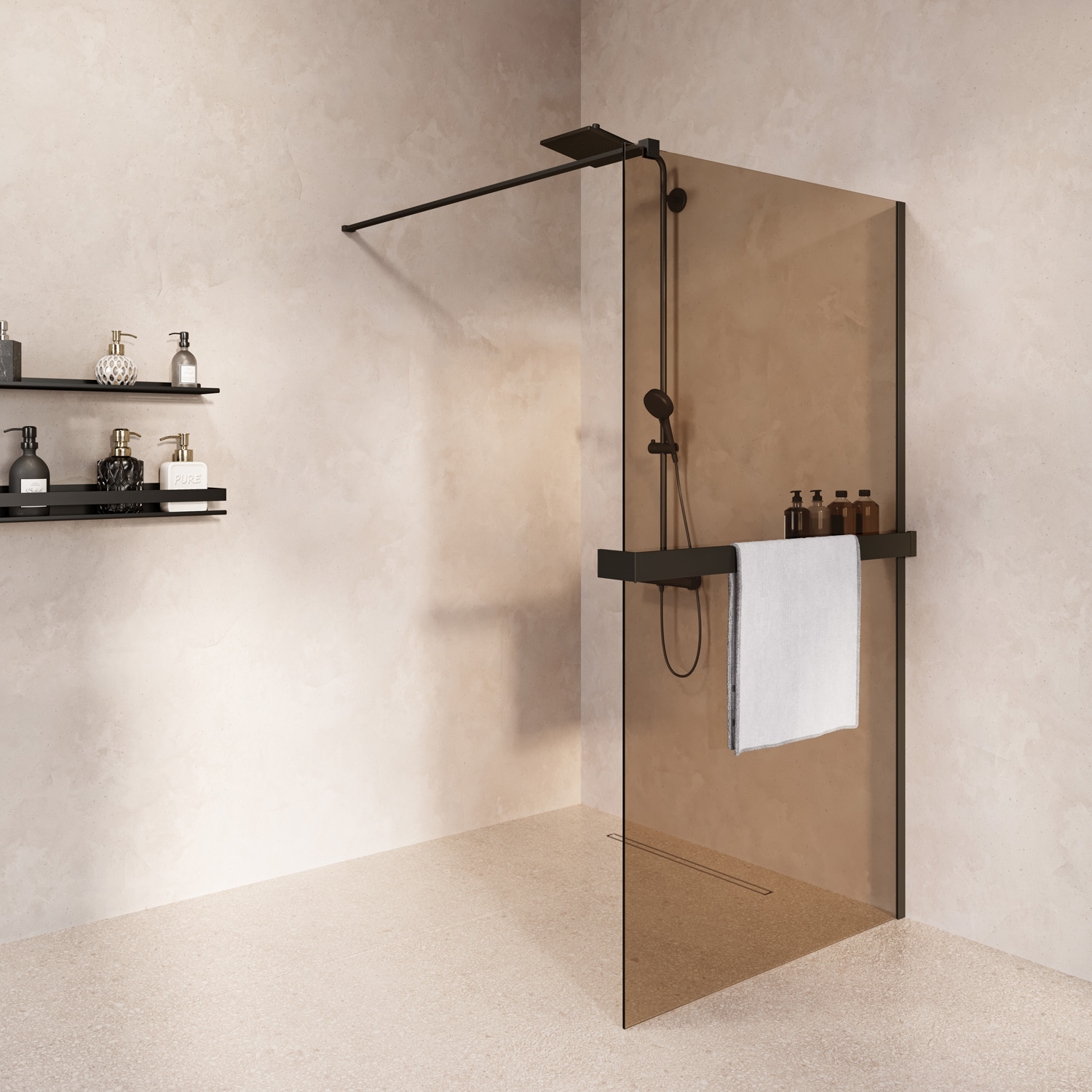 Saniclear Metric inloopdouche 100cm met handdoekhouder en bronsglas zwart mat