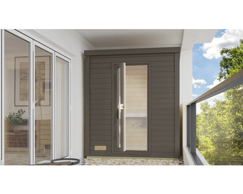 Karibu Talos saunacabine zonder oven, houten deur en terragrijs isolatieglas