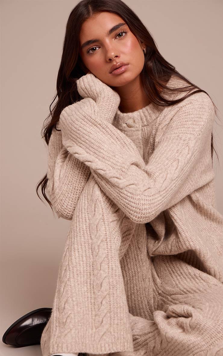 Gris Pierre Cardigan Boutonné En Maille Torsadée