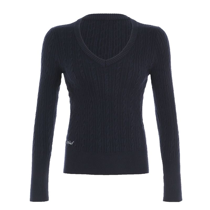 Honet - Lange mouwen V-hals met letterprint, kabelgebreide, slim-fit top