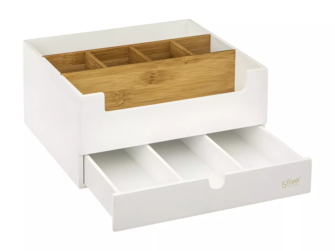 Organiseur Rangement maquillage 1 Tiroir 9 compartiments Blanc et Bambou
