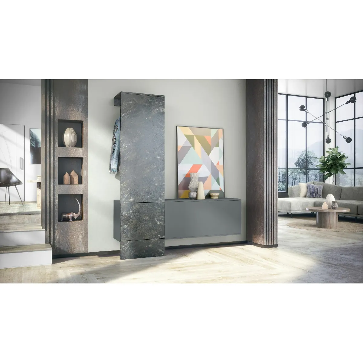 MPC Vestiaire - Gris et aspect marbre graphite - 156.5 x 193 x 35 cm