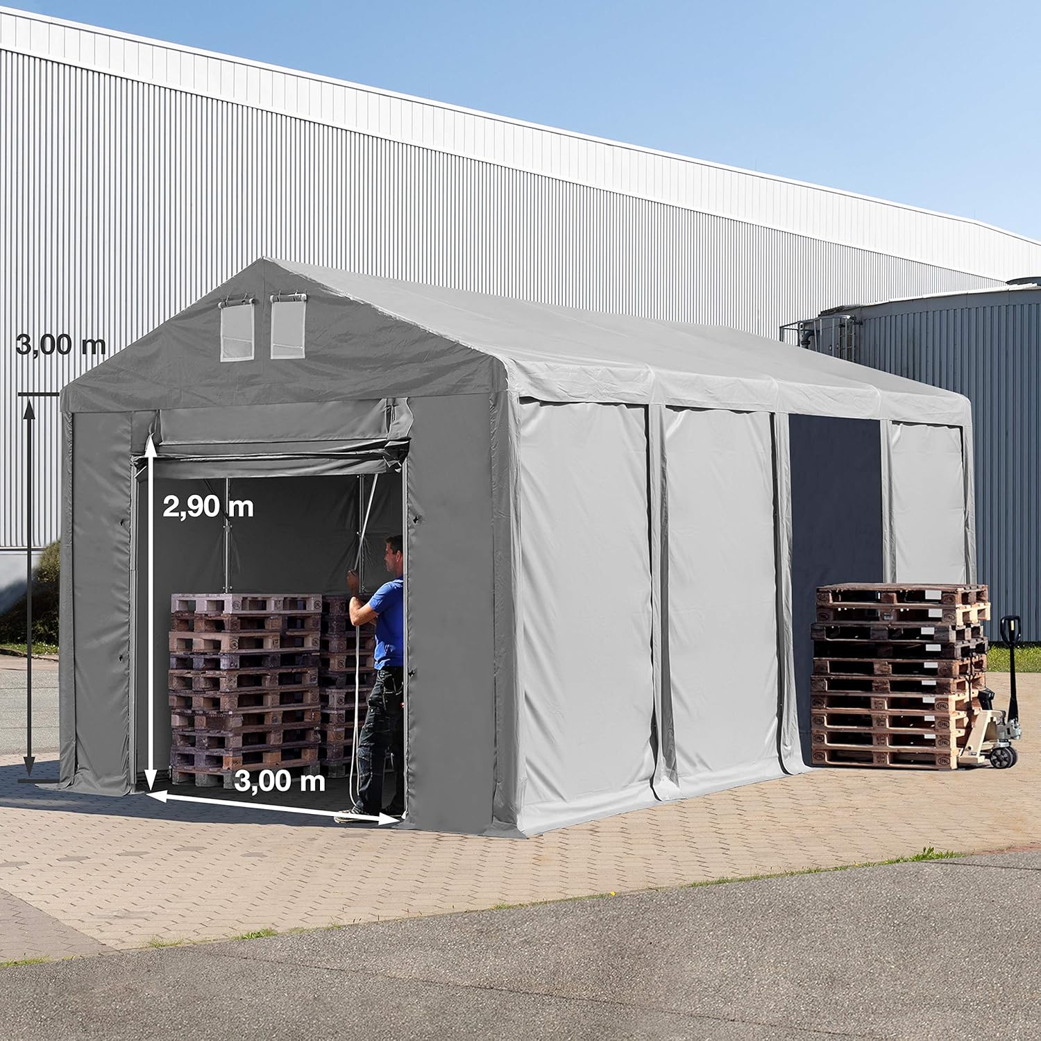 TOOLPORT Lagerzelt Industriezelt 4x8 m Zelthalle mit 3m Seitenhöhe PVC Plane 850 N grau wasserdicht Ganzjahreszelt mit Hochziehtor