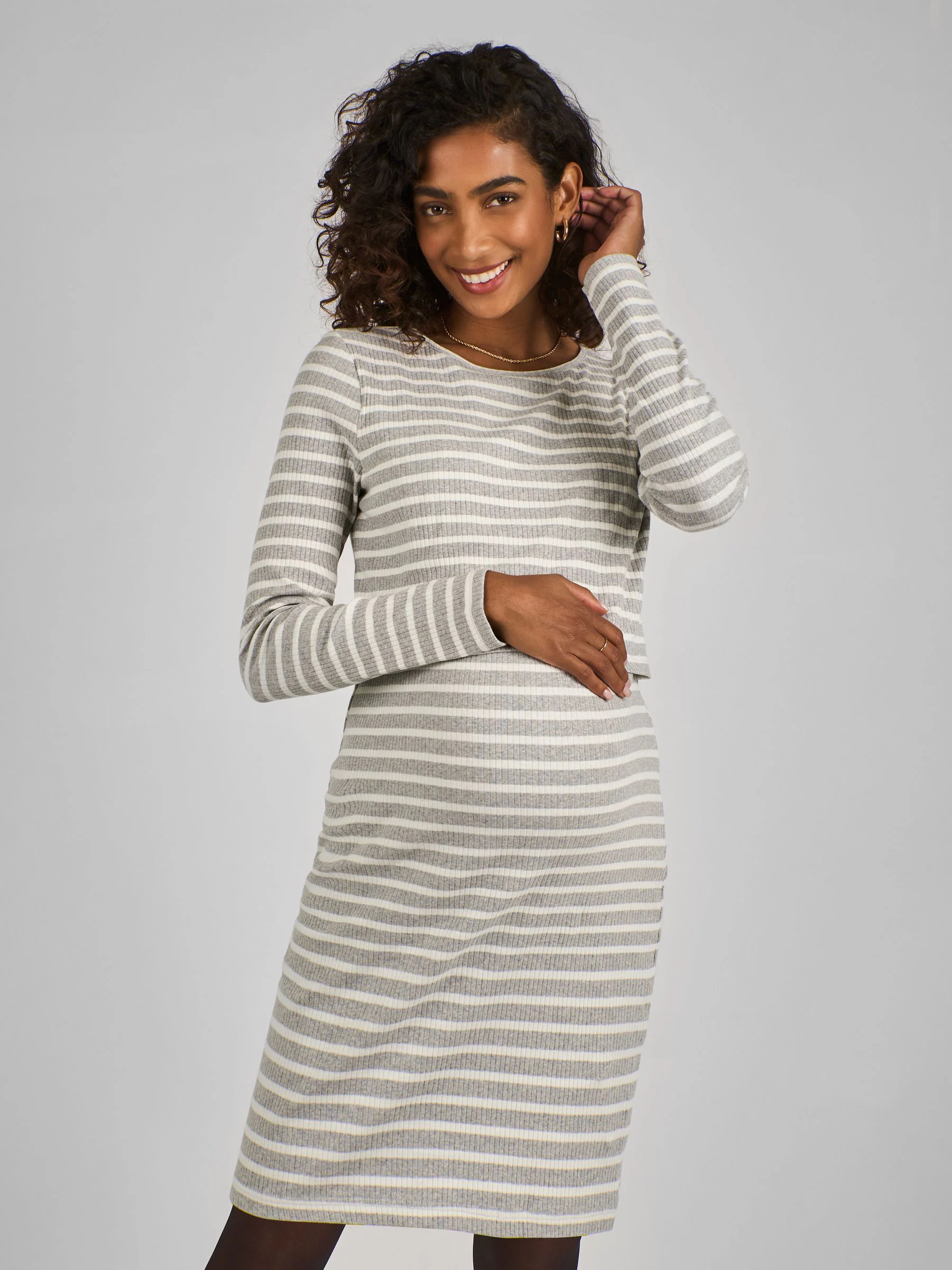 Grey and Ecru Cream - JoJo Maman Bébé Ribbed Mini Maternity & Nursing Dress