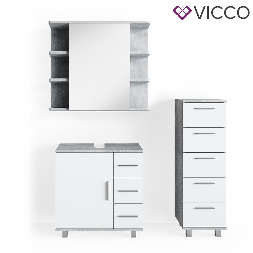 VICCO Badmöbel Set ILIAS Weiß Beton Bad Spiegel Kommode Unterschrank Badschrank