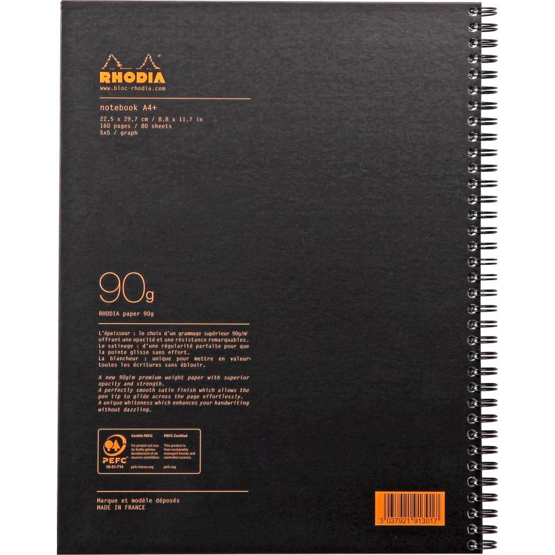 Cahier spirale Rhodia Notebook 21 x 29,7 cm noir 5 x 5 avec marge et cadre en tête - 80 feuilles