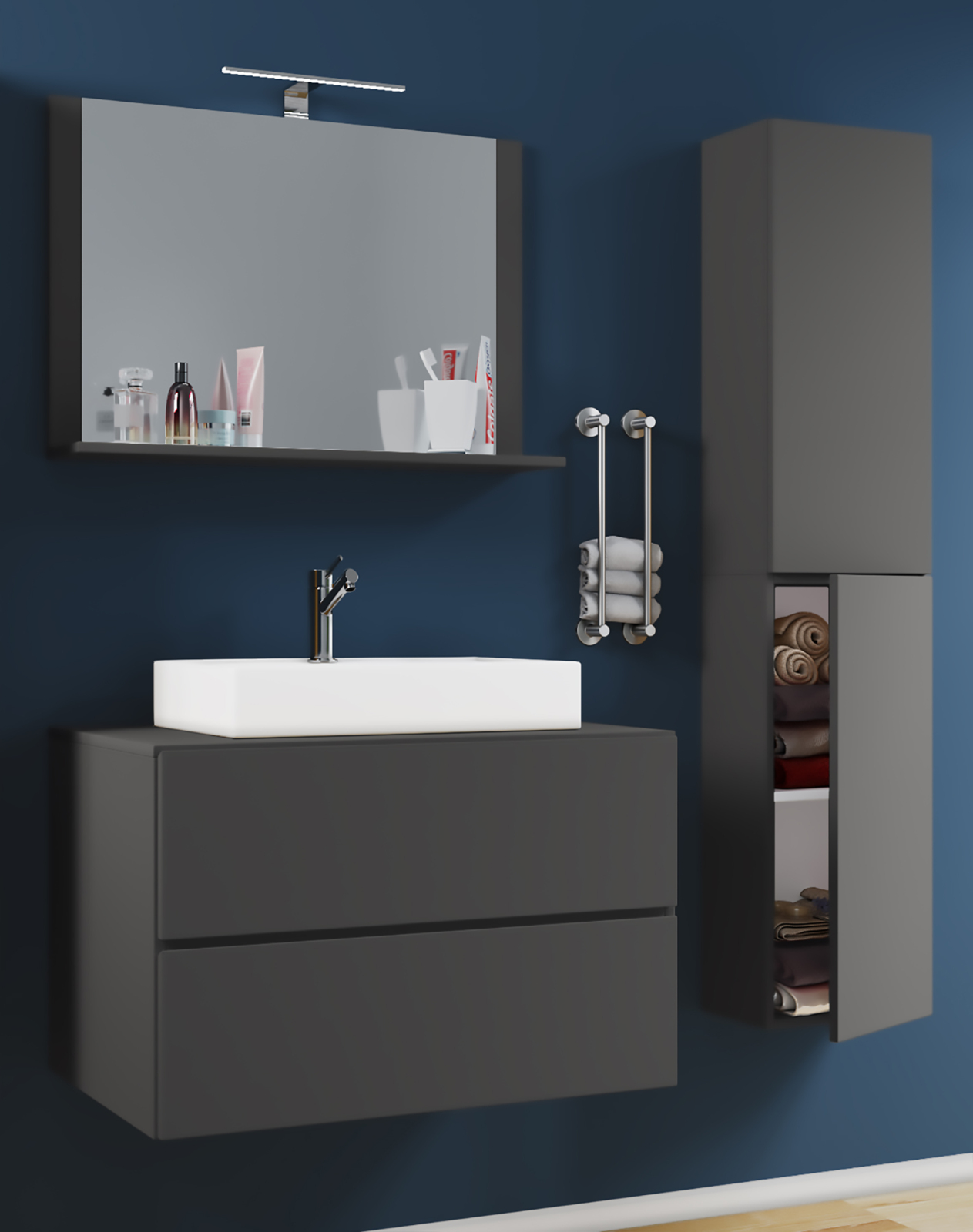 4-teiliges Badmöbel-Set LENDAS L - anthrazit - mit Hochschrank - 94 cm