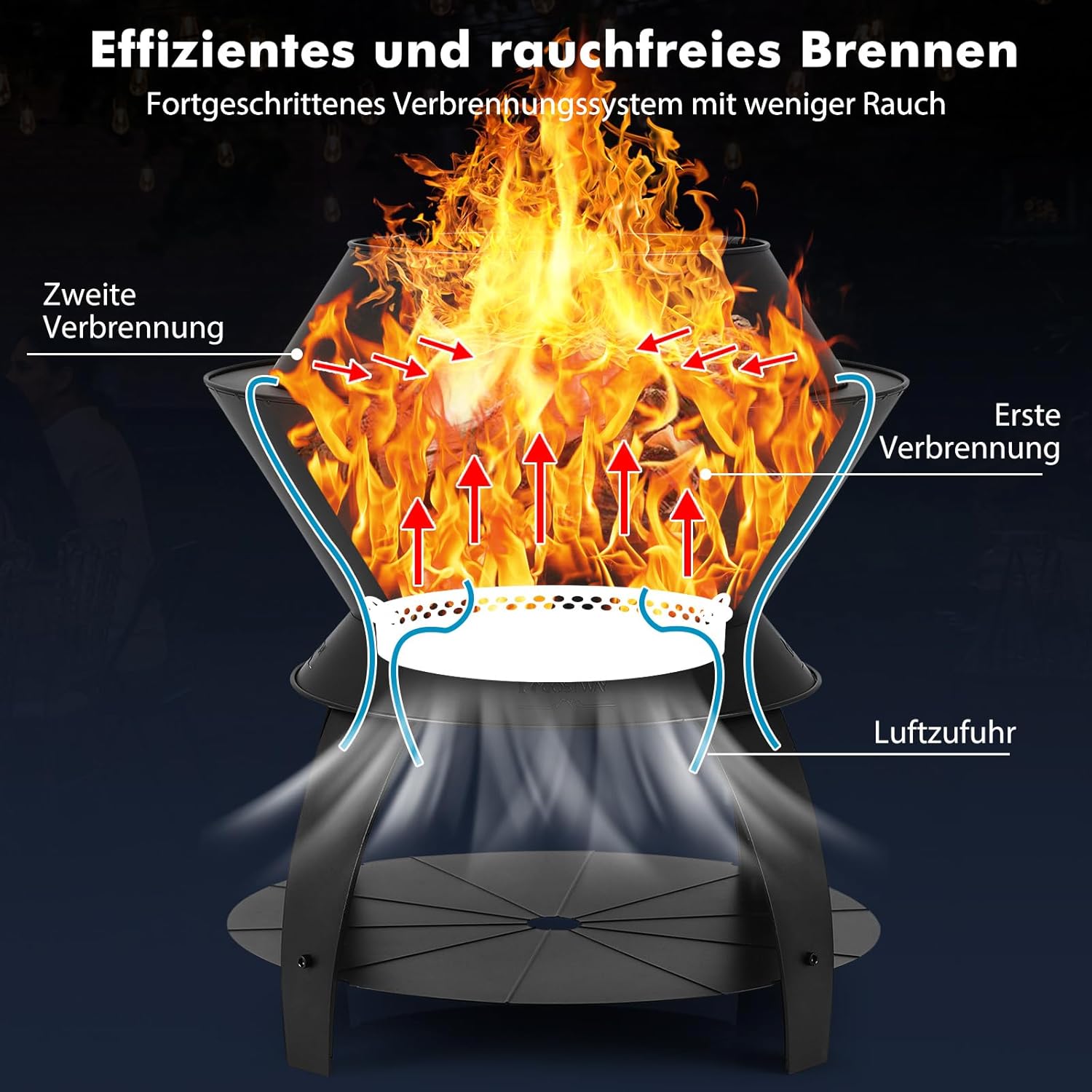 COSTWAY Feuerschale mit Topfhalter und Ablage, Feuerstelle mit rauchfreier sauerstoffangereicherter Verbrennung, Fire Pit für Camping, Garten, Terrasse